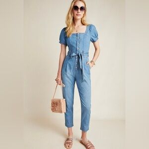 Anthropologie Pilcro Denim Puff Sleeve Square Neck Belted Aimee Jumpsuit Size 0